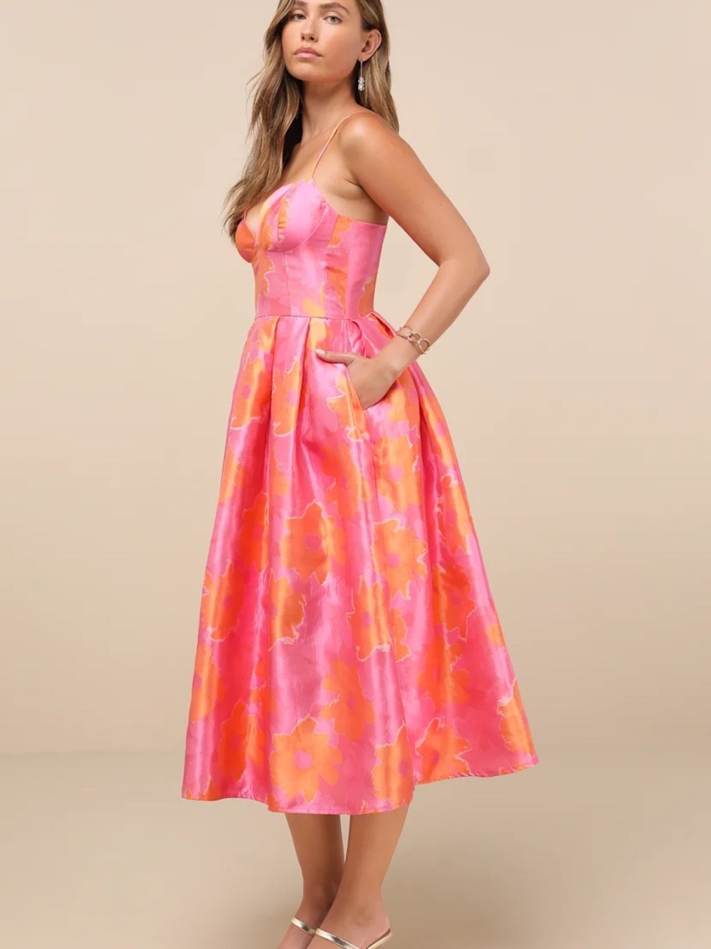 Lulu's Pink and Orange Floral Sweetheart Midi Dress - Picture 3 of 4